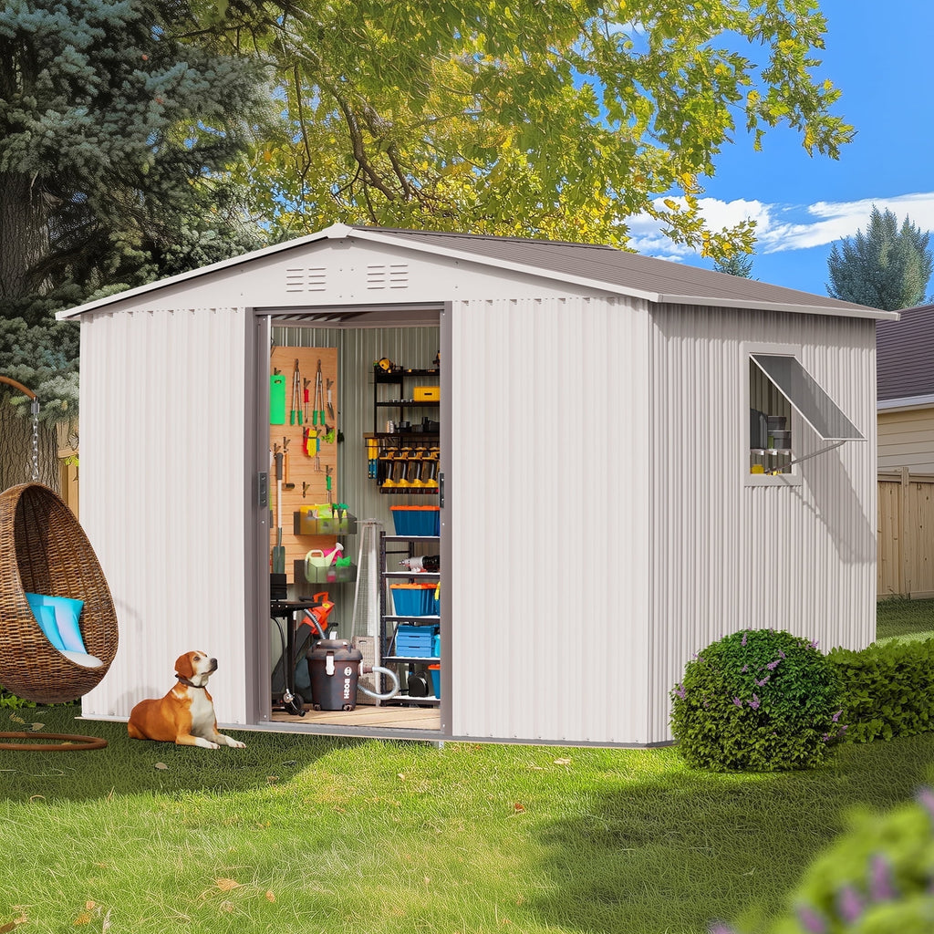 6x8 Outdoor Steel Storage Sheds, Metal Tool Outdoor Shed with Windows& Air Vent&Gloves,for Backyard,Garden,Lawn,Creamy White