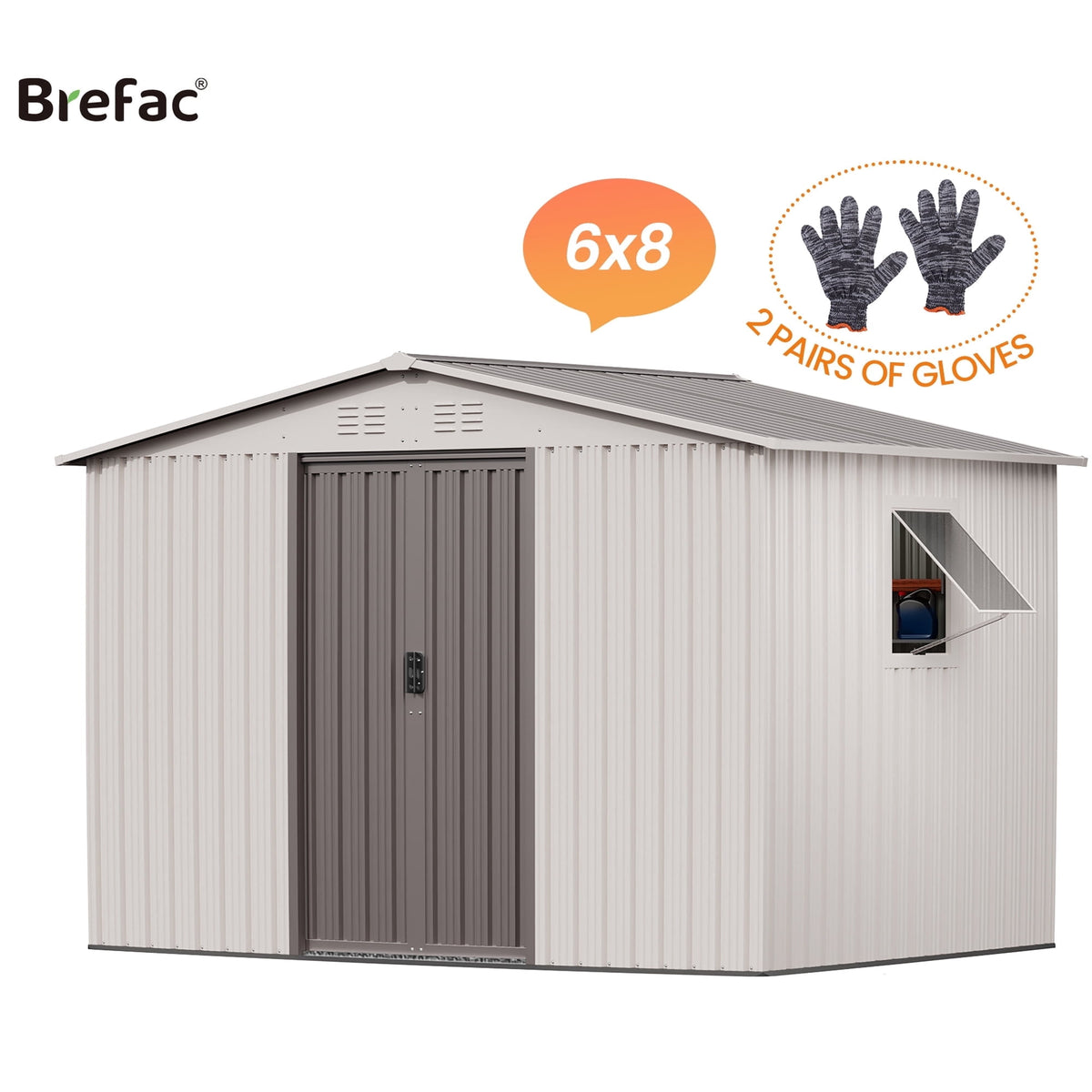 6x8 Outdoor Steel Storage Sheds, Metal Tool Outdoor Shed with Windows& Air Vent&Gloves,for Backyard,Garden,Lawn,Creamy White